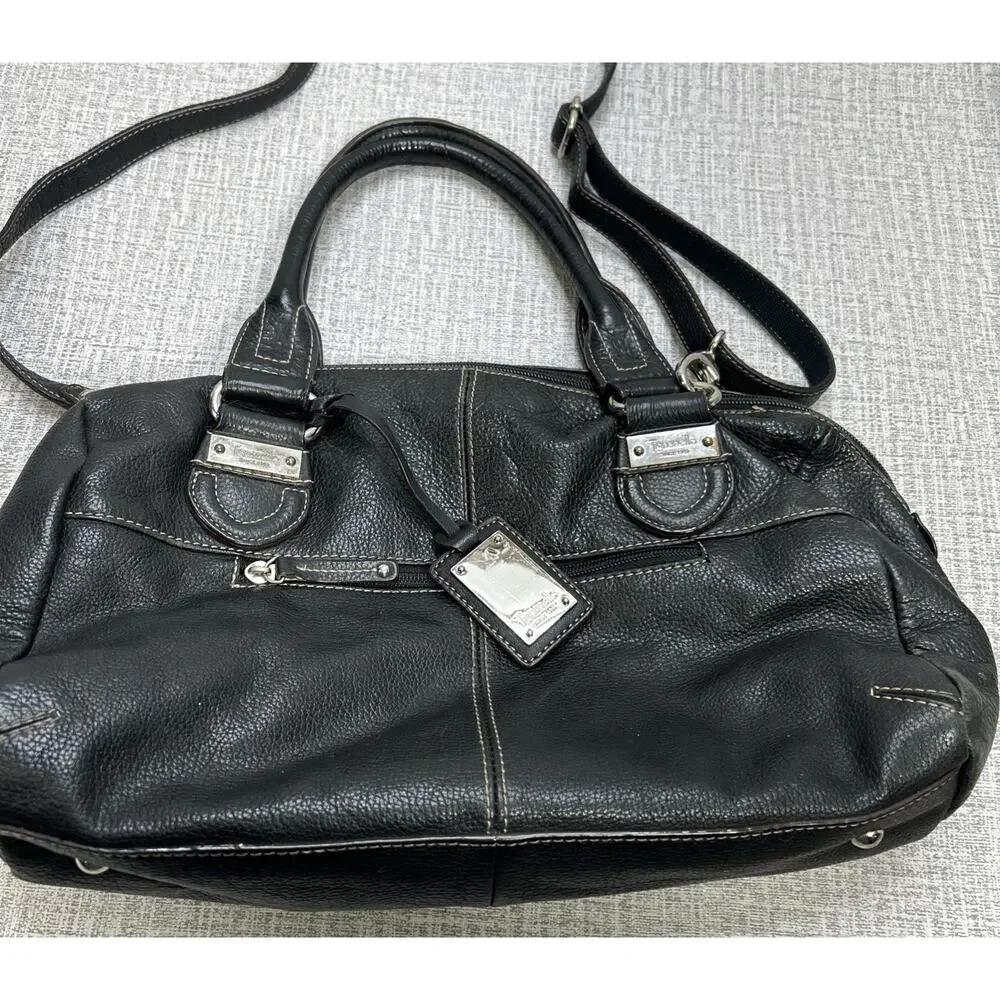 Y2K Tignanello Shoulder Bag Black Pebbled Leather Double Handle Crossbody Strap